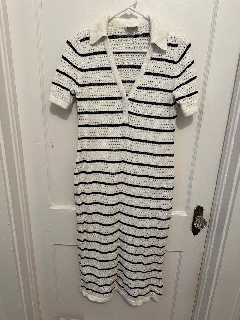Seraphine White and Black Striped Knit Midi Polo Dress